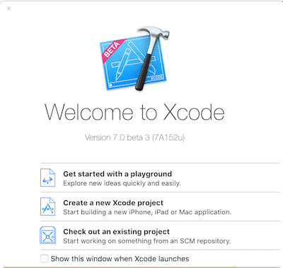 Bilde av åpningskjermen til Xcode