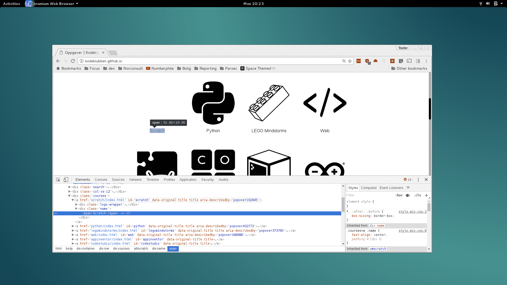 Bildet av Scratch navnet markert i kildekoden til kodeklubbens nettsider