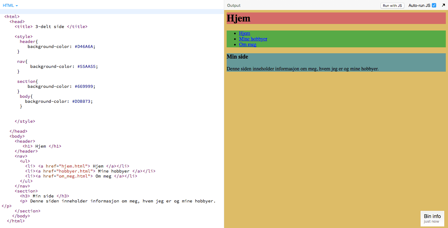 Bilde av koden og output for siden "hjem"