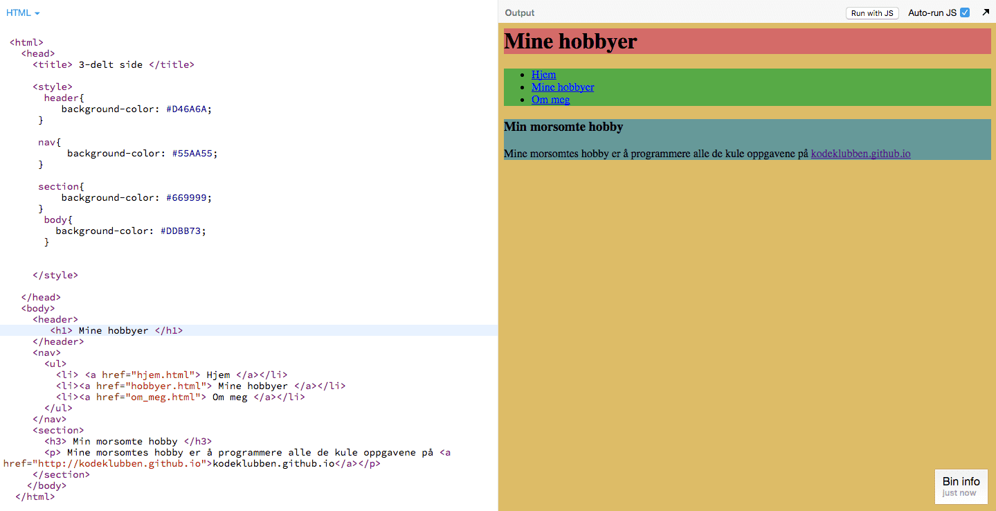 Bilde av koden og output for siden "mine hobbyer"