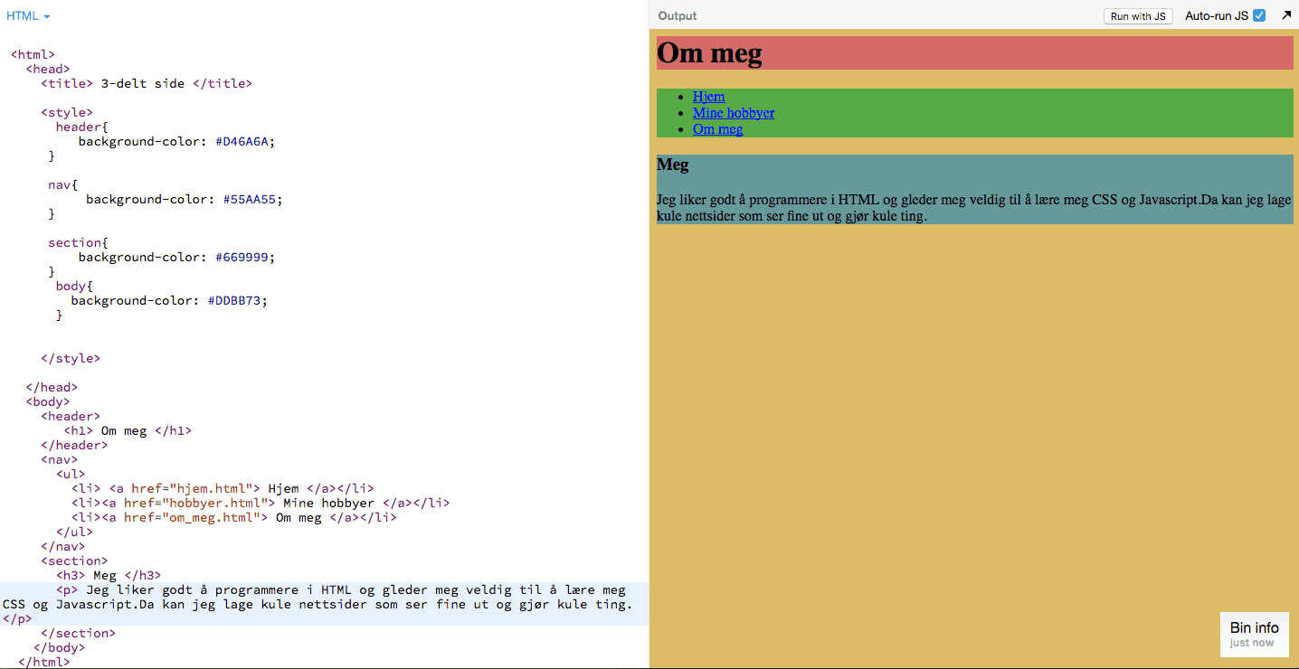 Bilde av koden og output for siden "om meg"